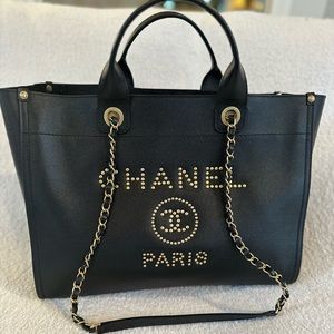 CHANEL Caviar Medium Studded Deauville Tote Black